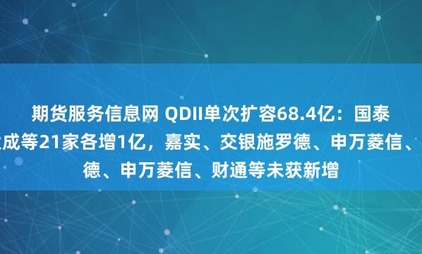 期货服务信息网 QDII单次扩容68.4亿：国泰、华泰柏瑞、大成等21家各增1亿，嘉实、交银施罗德、申万菱信、财通等未获新增